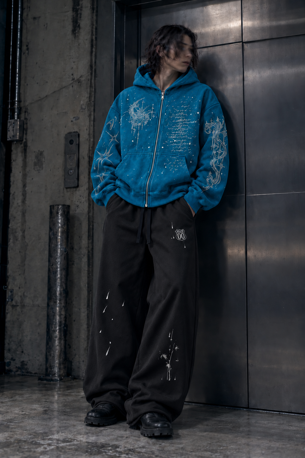Blue zip hoodie front look beside a metal elevator
